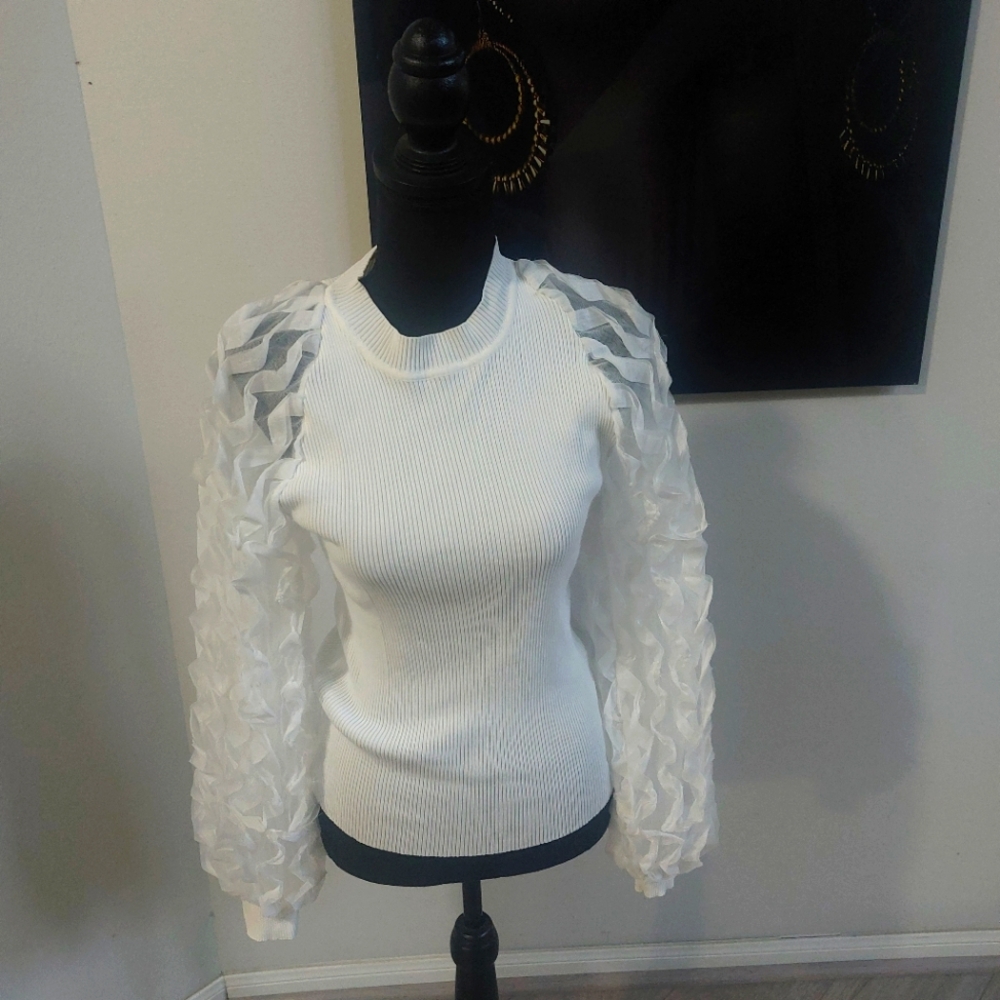 White Sweater with Sheer Ruffled Sleeves